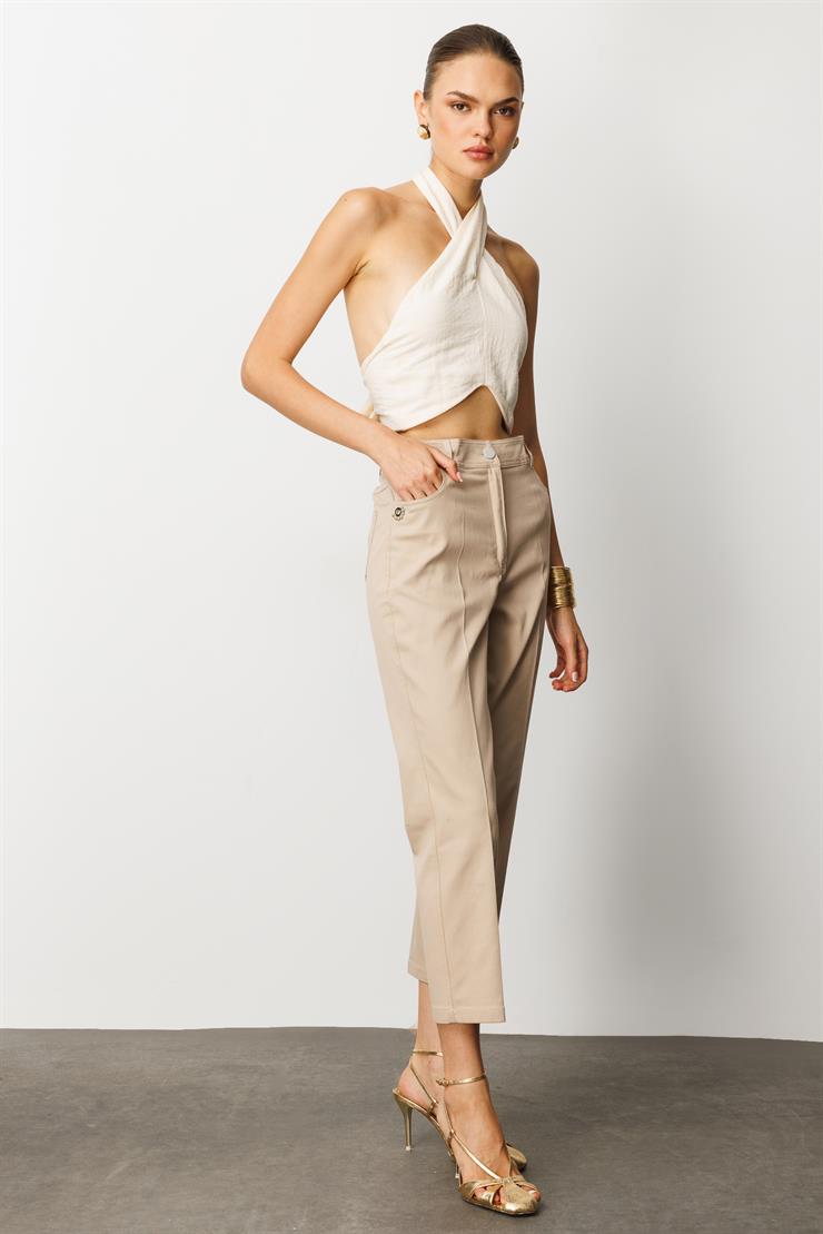 Modailgi  Paçası Kuşgözü ve İnci Detaylı Pantolon - 70041 Taş