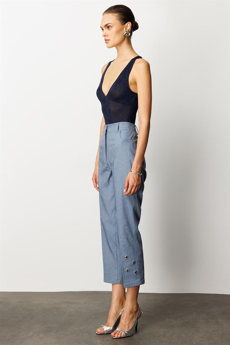 Modailgi  Paçası Kuşgözü ve İnci Detaylı Pantolon - 70041 İndigo