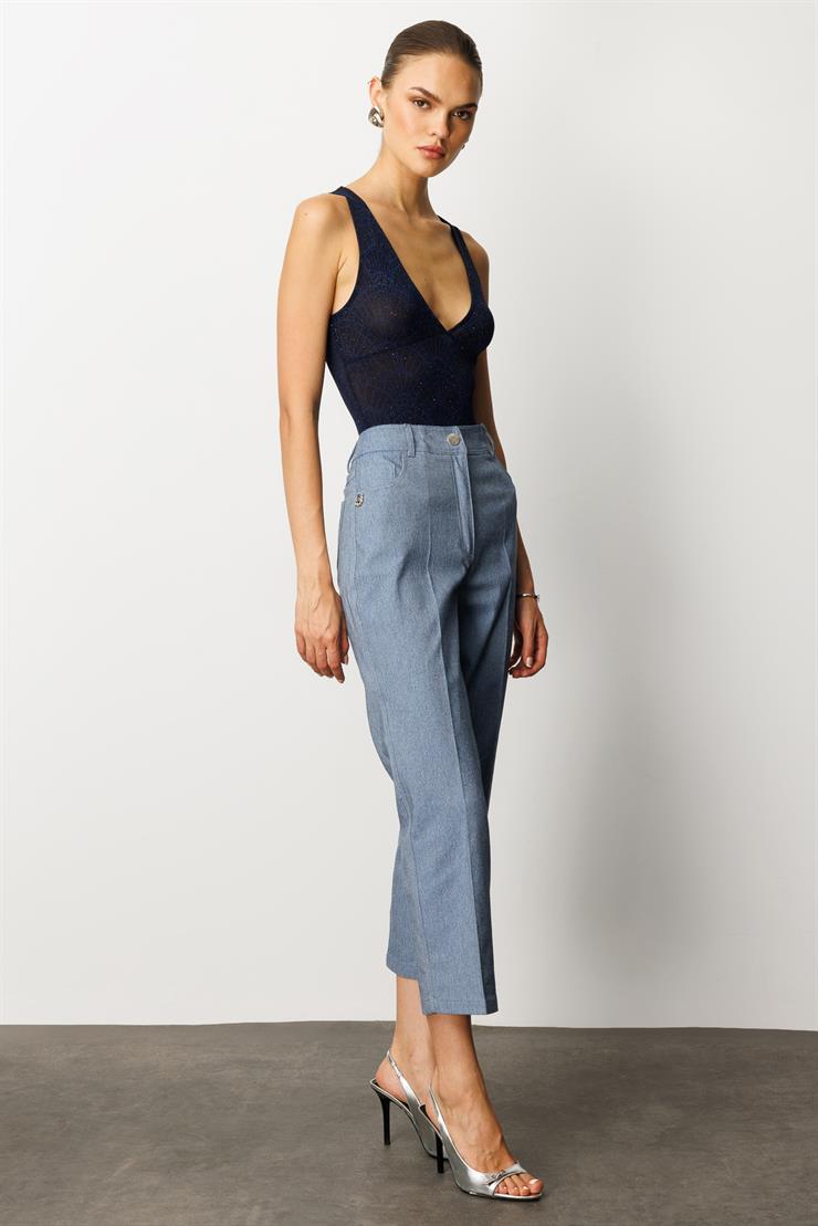 Modailgi  Paçası Kuşgözü ve İnci Detaylı Pantolon - 70041 İndigo