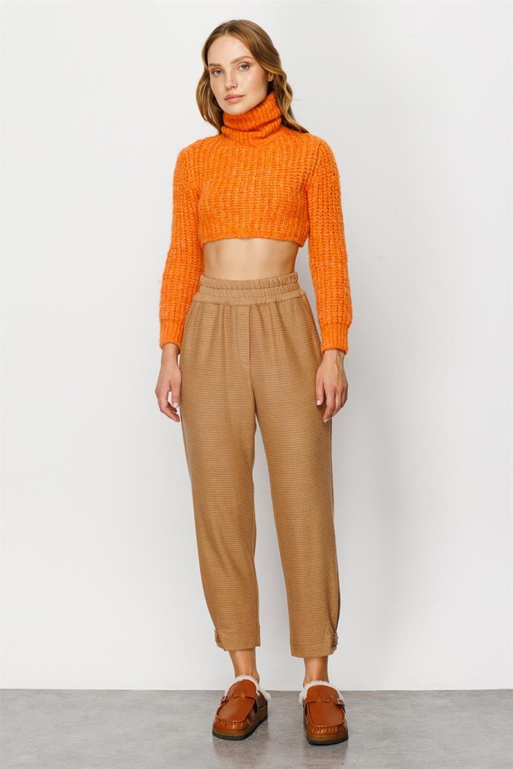Modailgi  Paçası Pile ve Bant Detaylı Örme Pantolon Camel