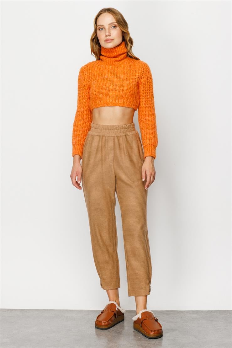 Modailgi  Paçası Pile ve Bant Detaylı Örme Pantolon Camel