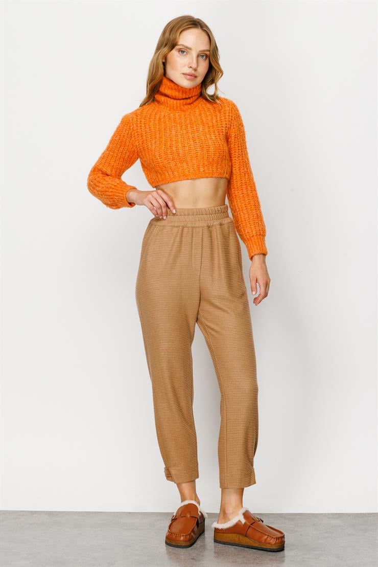 Modailgi  Paçası Pile ve Bant Detaylı Örme Pantolon Camel