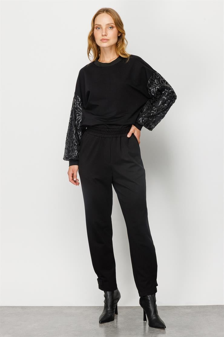 Modailgi  Paçası Pileli ve Bant Detaylı Örme Pantolon Siyah