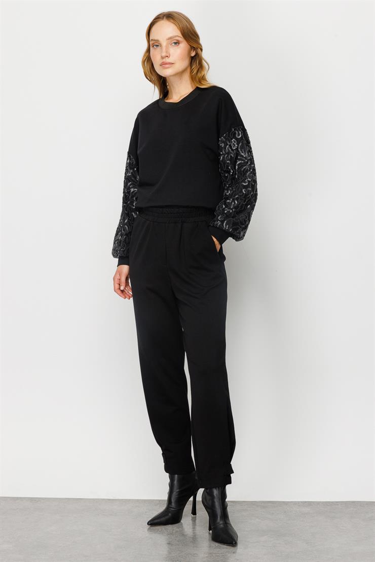 Modailgi  Paçası Pileli ve Bant Detaylı Örme Pantolon Siyah