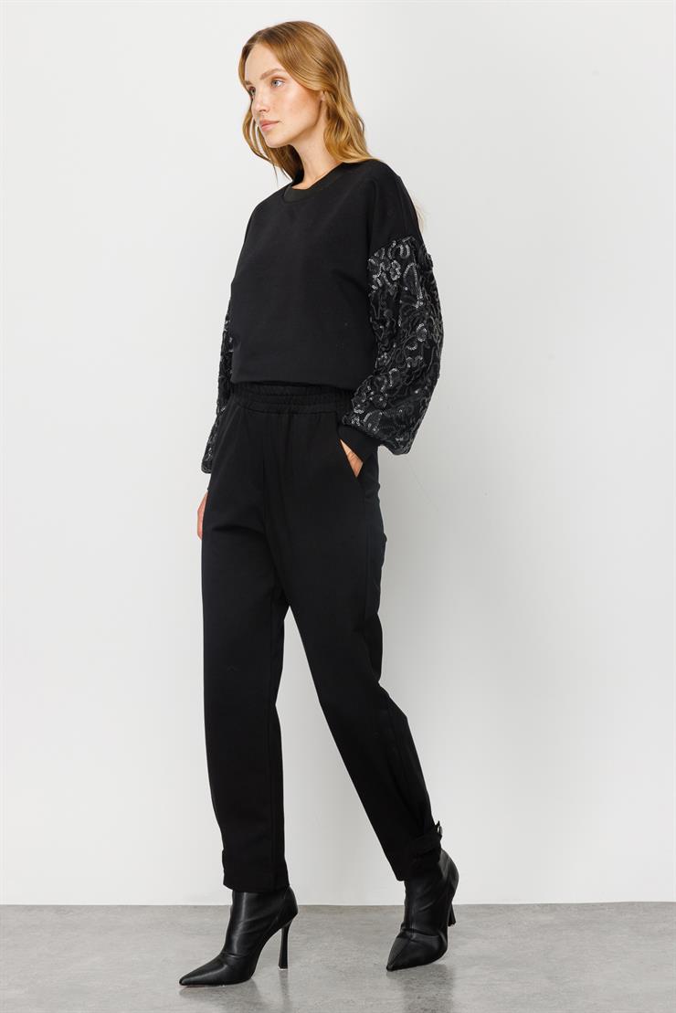 Modailgi  Paçası Pileli ve Bant Detaylı Örme Pantolon Siyah