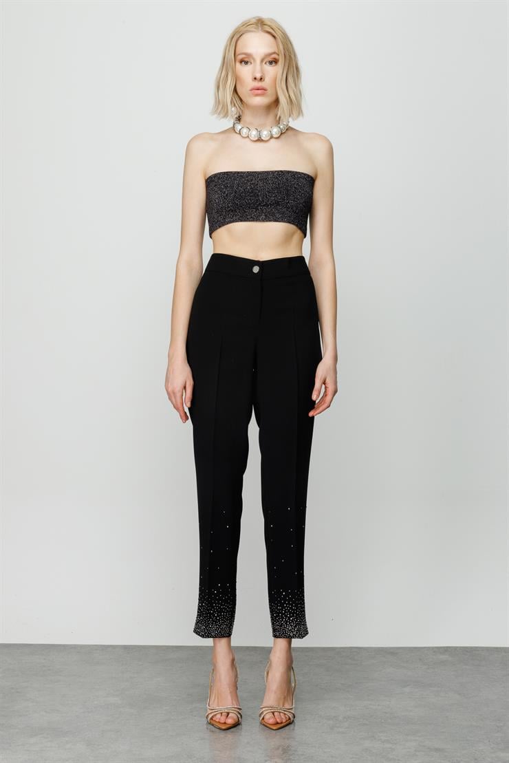 Modailgi  Paçası Taş Detaylı Bilek Boy Pantolon Siyah