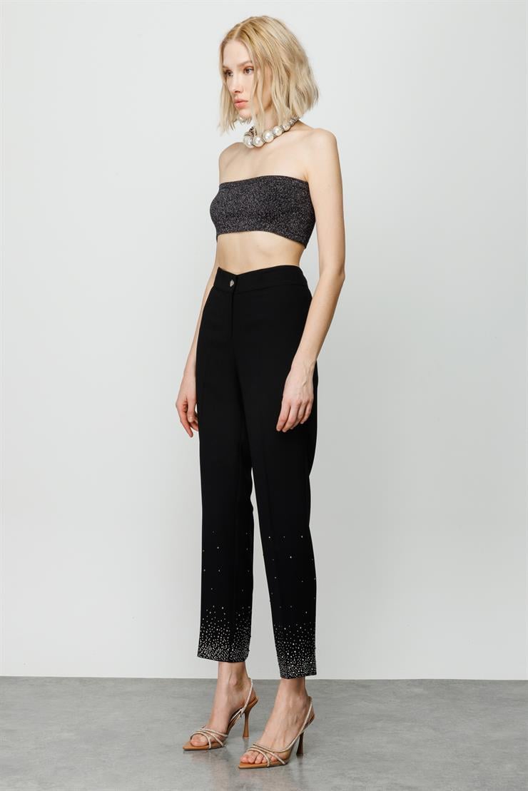 Modailgi  Paçası Taş Detaylı Bilek Boy Pantolon Siyah