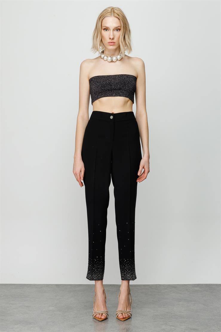 Modailgi  Paçası Taş Detaylı Bilek Boy Pantolon Siyah
