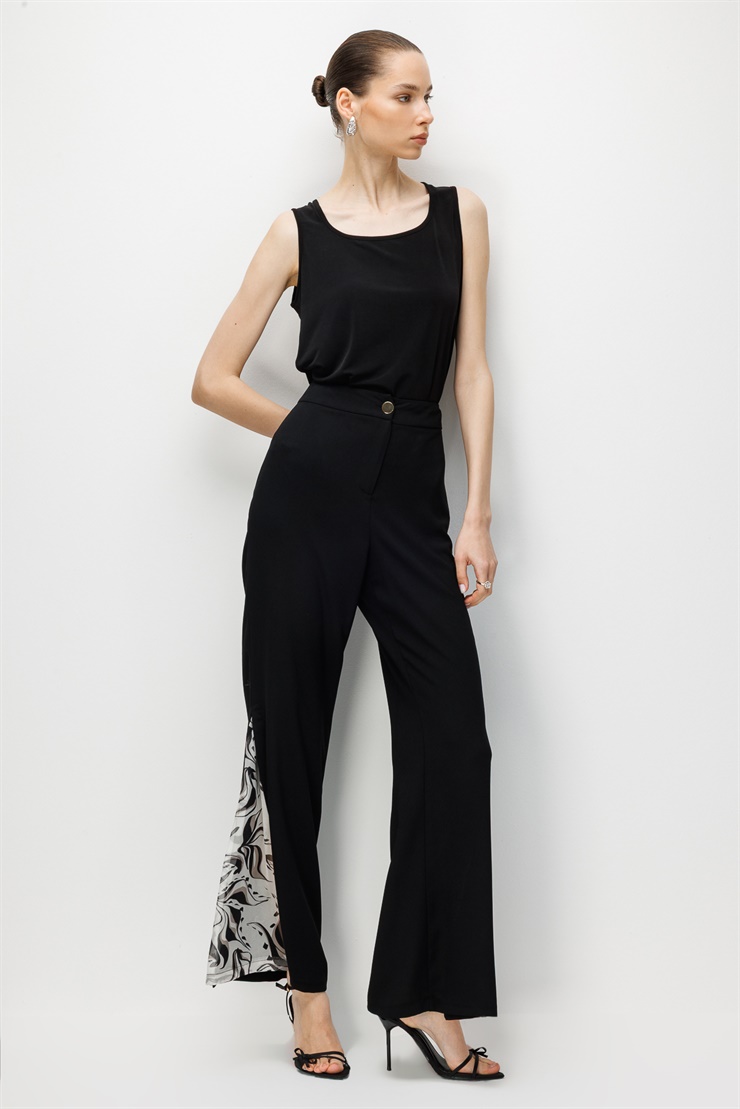 Modailgi  Paçası Yırtmaçlı Desenli Şifon Kumaş Kombinli Pantolon - 75043 Siyah