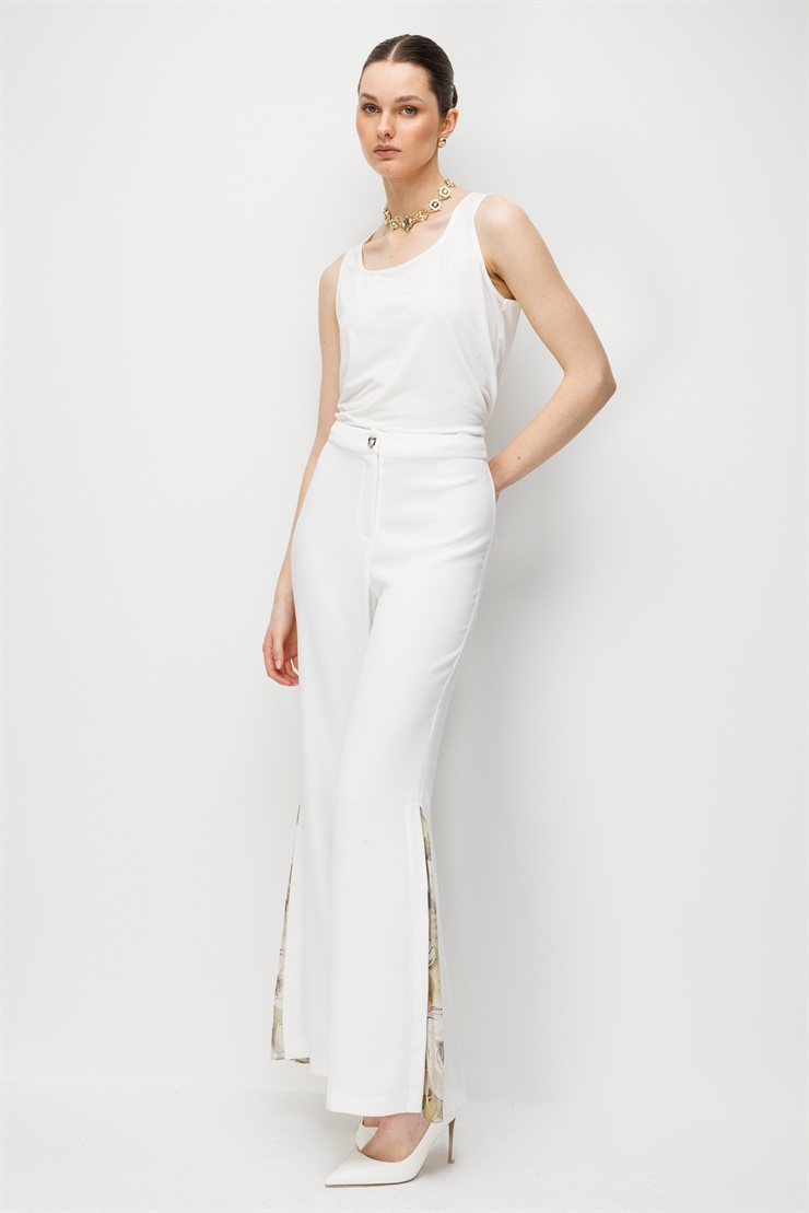 Modailgi  Paçası Yırtmaçlı Şifon Detaylı Pantolon - 75046 Ekru