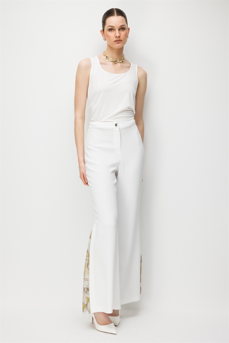 Modailgi  Paçası Yırtmaçlı Şifon Detaylı Pantolon - 75046 Ekru