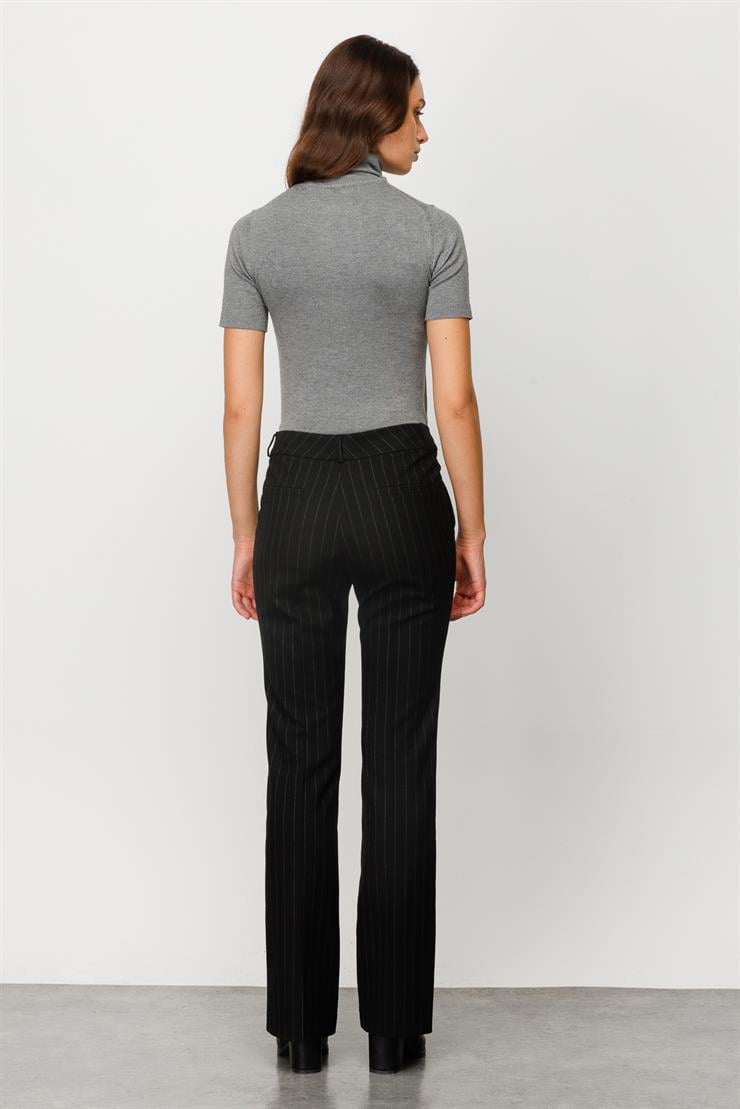 Modailgi  Yan Cep İspanyol Paça Çizgili Pantolon Siyah