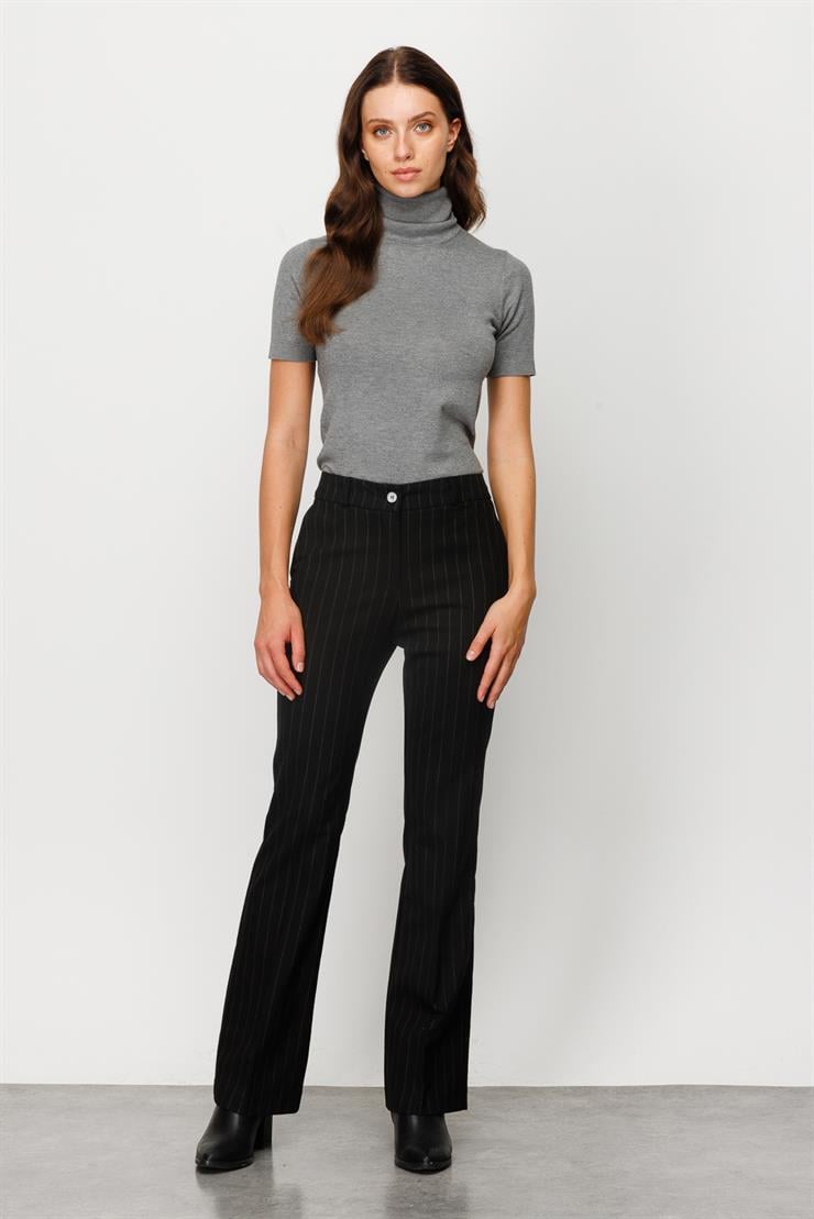 Modailgi  Yan Cep İspanyol Paça Çizgili Pantolon Siyah