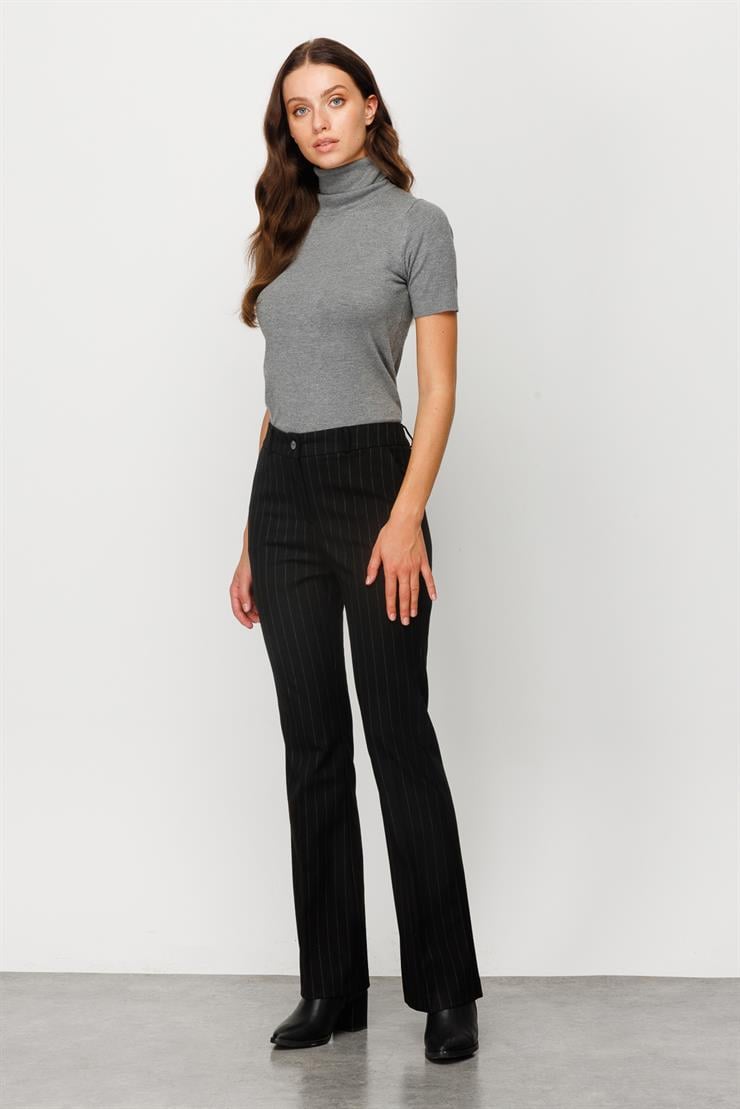 Modailgi  Yan Cep İspanyol Paça Çizgili Pantolon Siyah