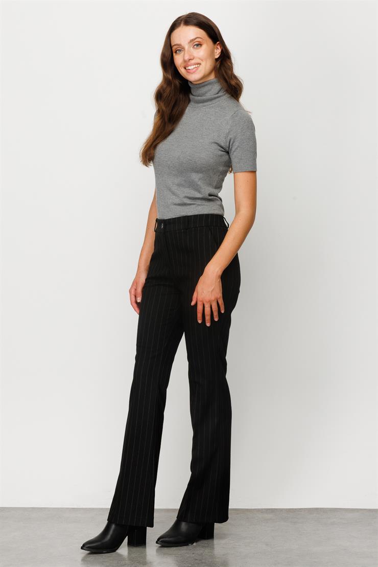 Modailgi  Yan Cep İspanyol Paça Çizgili Pantolon Siyah