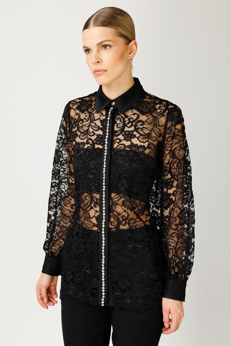 Modailgi  Patı Taş Detaylı Dantel Gömlek Siyah