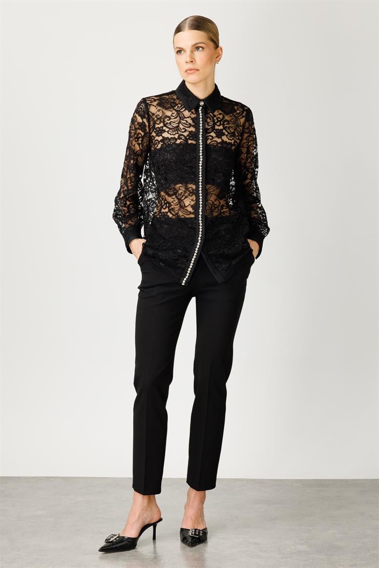 Modailgi  Patı Taş Detaylı Dantel Gömlek Siyah