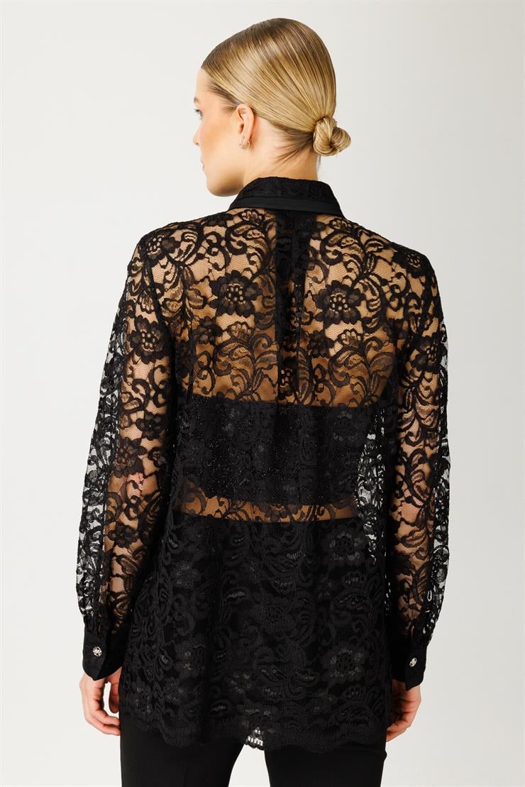 Modailgi  Patı Taş Detaylı Dantel Gömlek Siyah