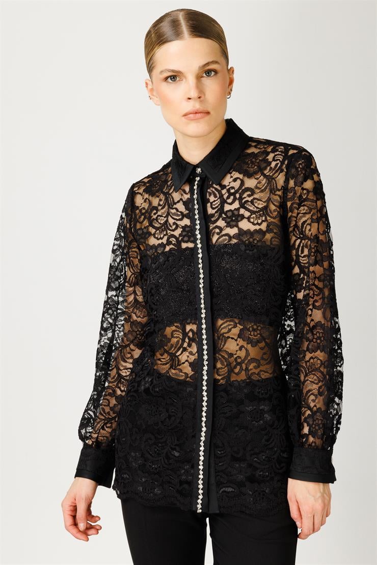 Modailgi  Patı Taş Detaylı Dantel Gömlek Siyah