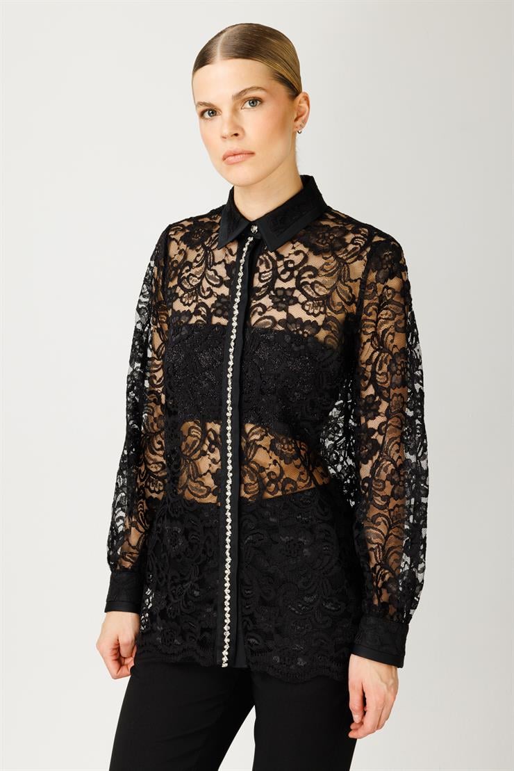 Modailgi  Patı Taş Detaylı Dantel Gömlek Siyah