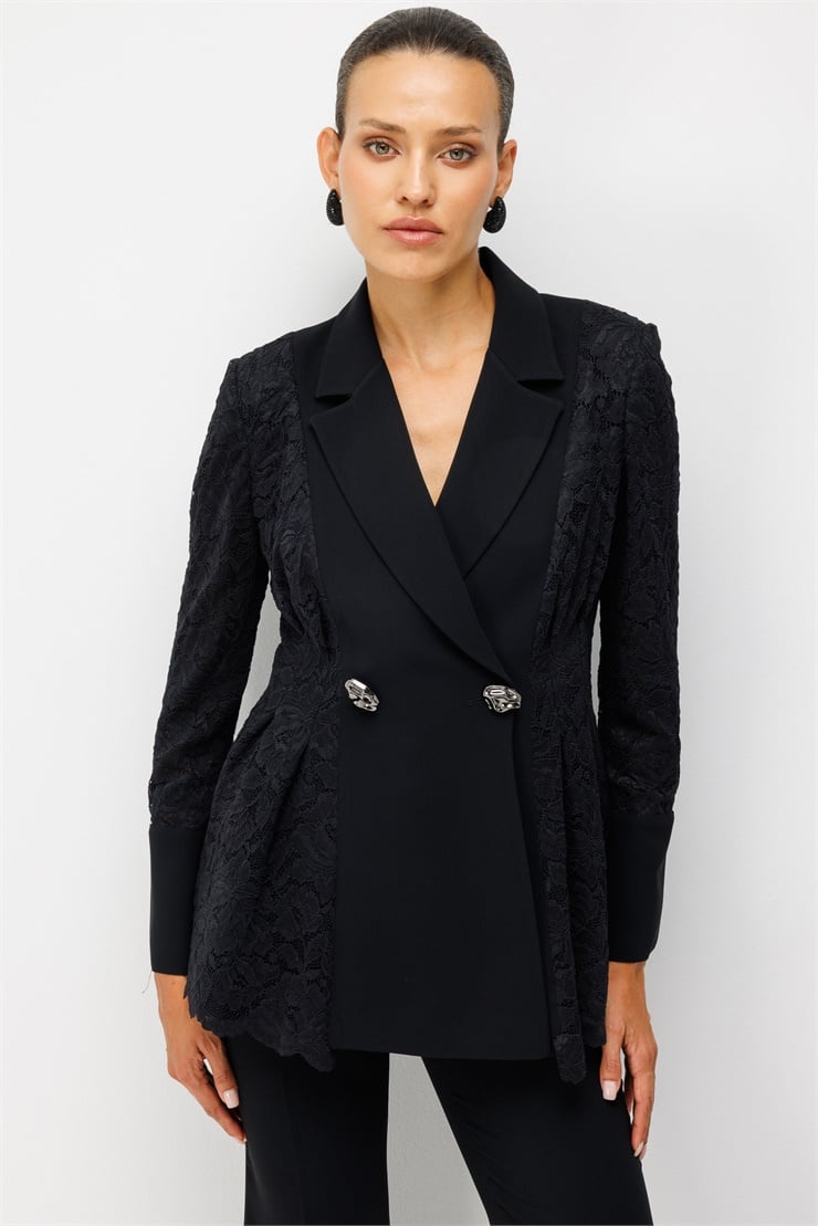 Modailgi  Pile Detaylı Dantelli Kruvaze Ceket - 45059 Siyah