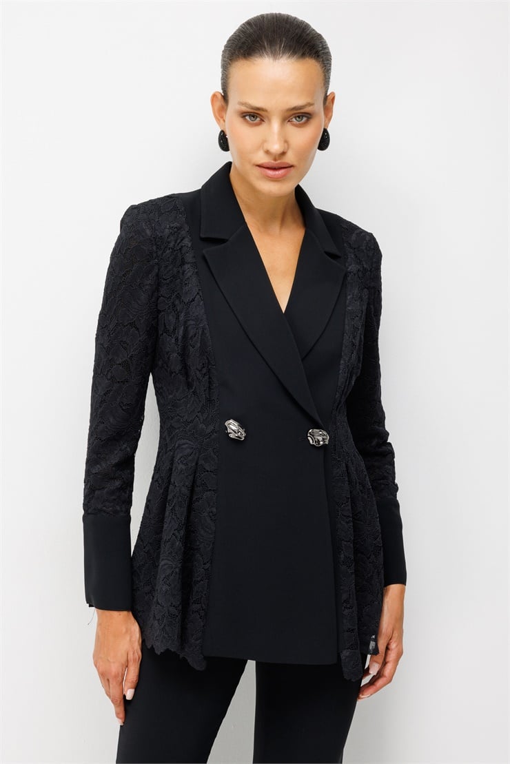 Modailgi  Pile Detaylı Dantelli Kruvaze Ceket - 45059 Siyah