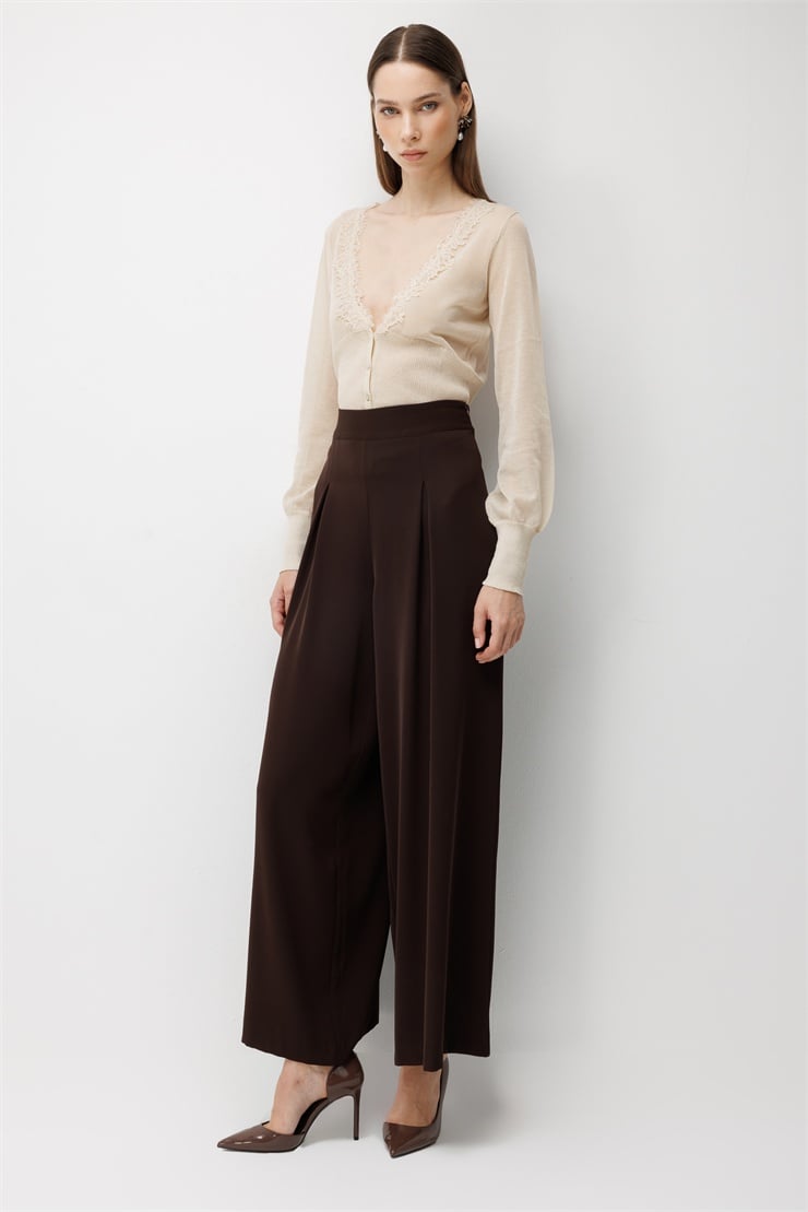 Modailgi  Pile Detaylı Geniş Paça Pantolon - 15131 Kahve