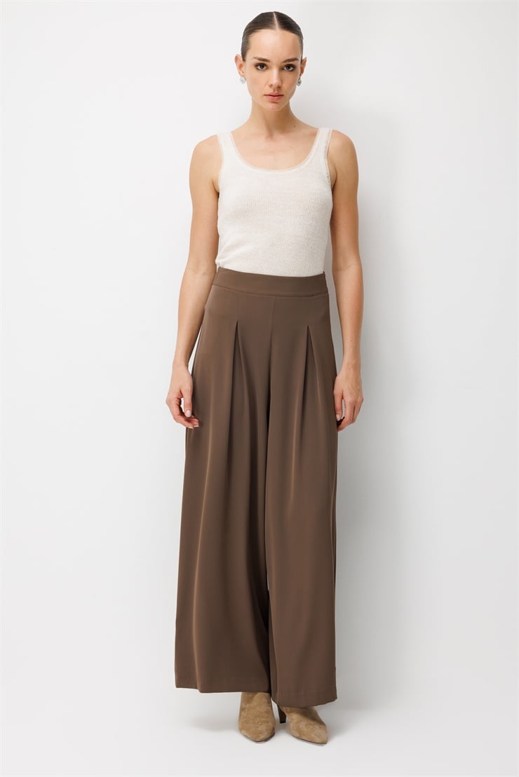 Modailgi  Pile Detaylı Geniş Paça Pantolon - 15131 Kahve