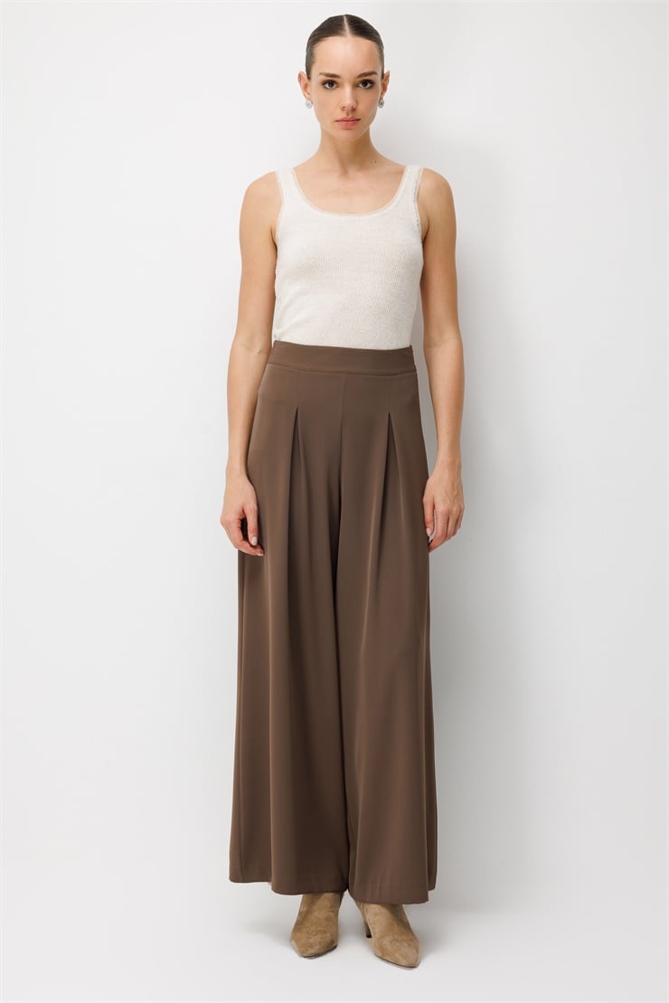 Modailgi  Pile Detaylı Geniş Paça Pantolon - 15131 Kahve