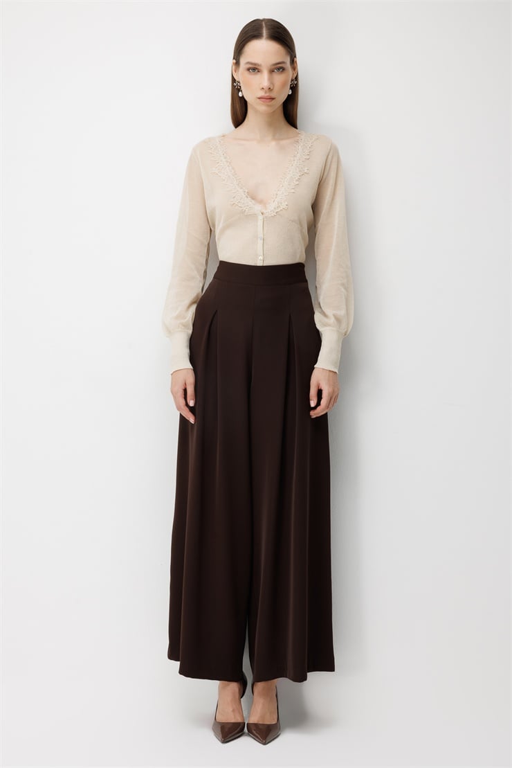 Modailgi  Pile Detaylı Geniş Paça Pantolon - 15131 Kahve