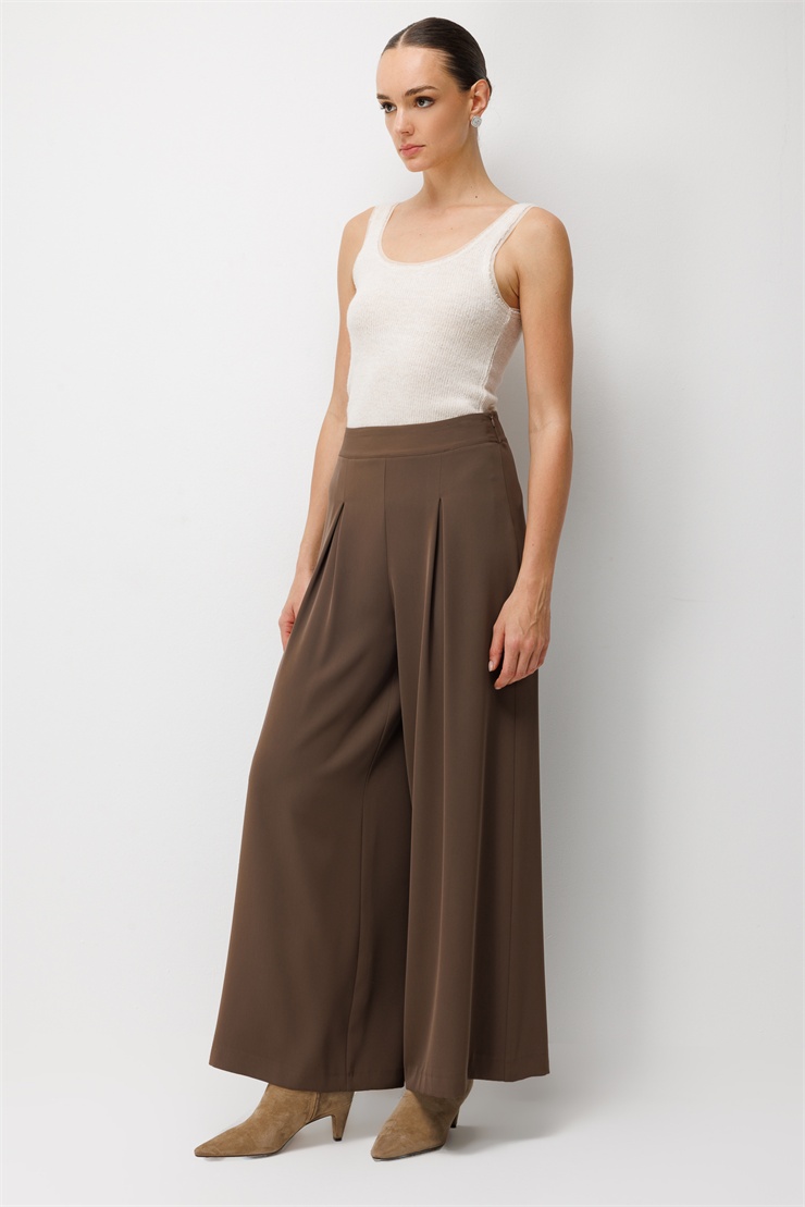 Modailgi  Pile Detaylı Geniş Paça Pantolon - 15131 Kahve