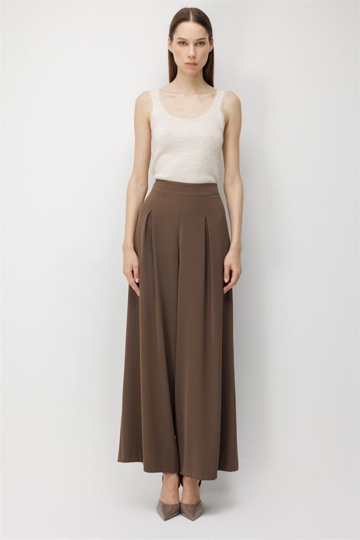 Modailgi  Pile Detaylı Geniş Paça Pantolon - 15131 Vizon