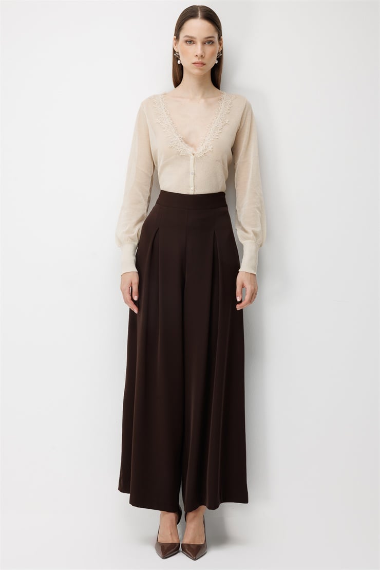 Modailgi  Pile Detaylı Geniş Paça Pantolon - 15131 Kahve