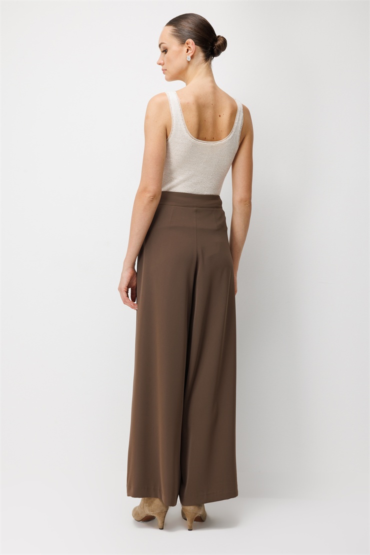 Modailgi  Pile Detaylı Geniş Paça Pantolon - 15131 Kahve