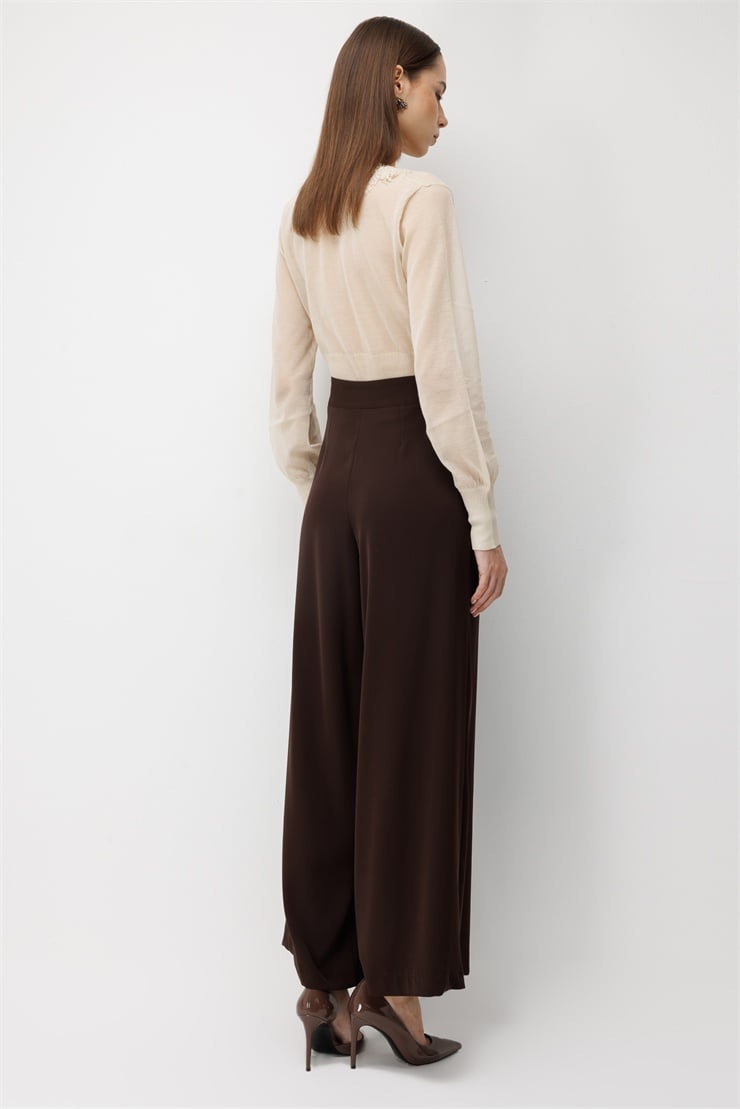Modailgi  Pile Detaylı Geniş Paça Pantolon - 15131 Kahve