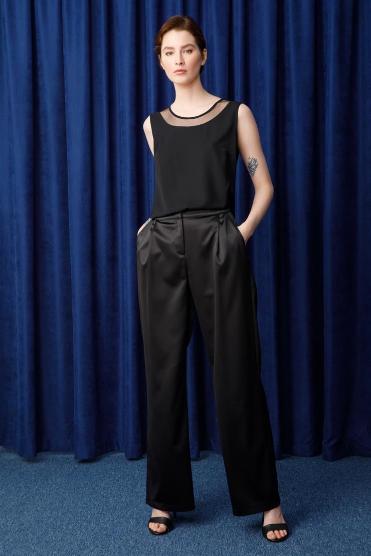 Modailgi  Pile Detaylı Saten Pantolon Siyah