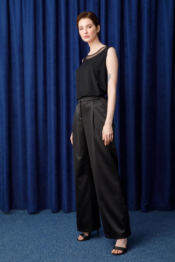 Modailgi  Pile Detaylı Saten Pantolon Siyah