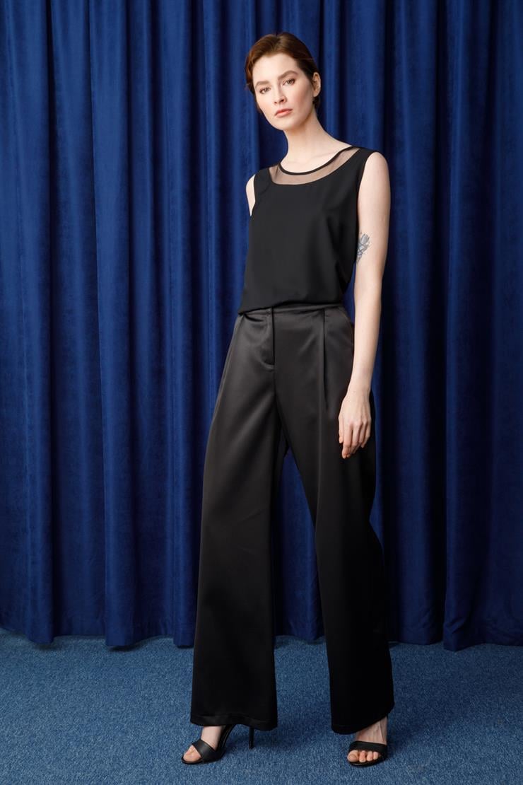 Modailgi  Pile Detaylı Saten Pantolon Siyah