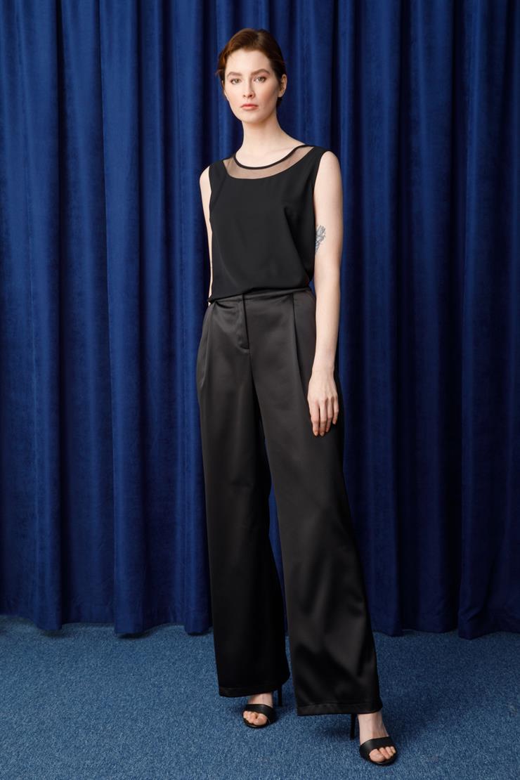 Modailgi  Pile Detaylı Saten Pantolon Siyah