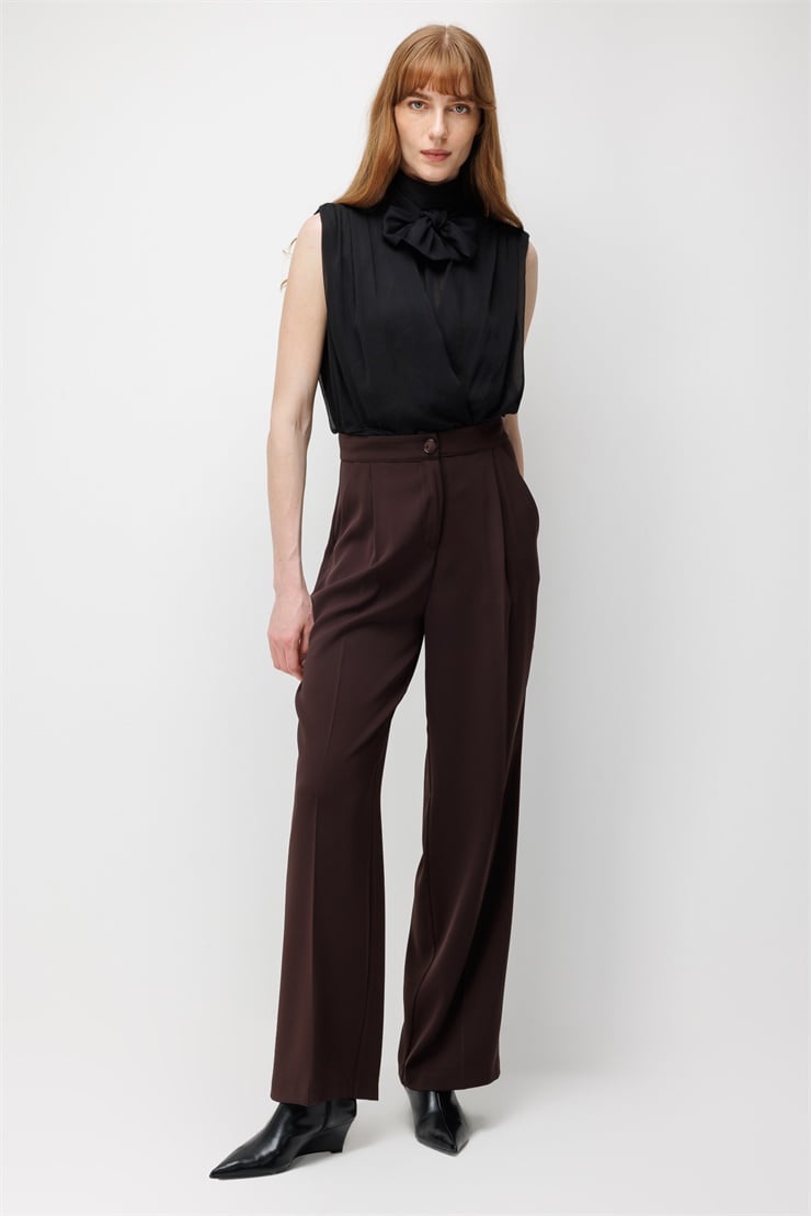 Modailgi  Pile Detaylı Yan Cep Geniş Paça Pantolon - 70019 Bordo