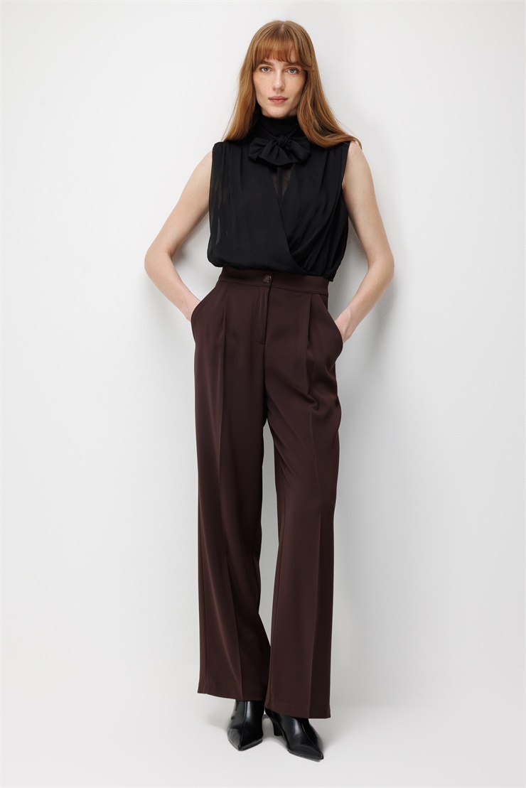 Modailgi  Pile Detaylı Yan Cep Geniş Paça Pantolon - 70019 Bordo