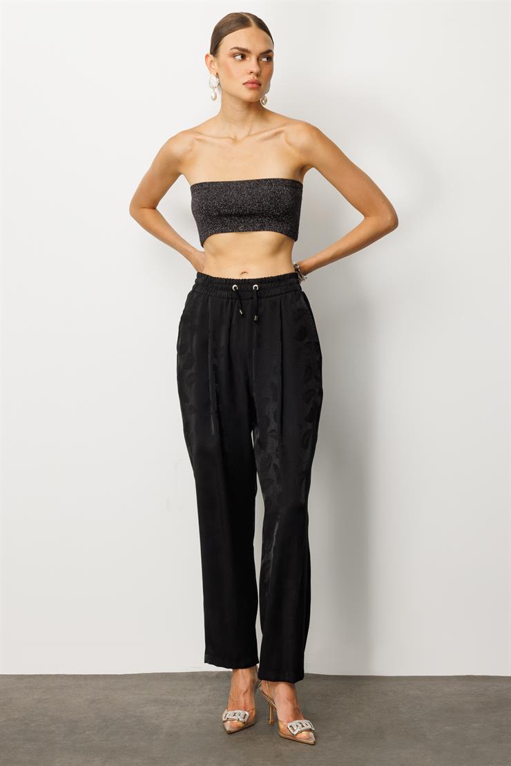 Modailgi  Pile Detaylı Yandan Cepli Beli Lastik ve Bağlamalı Pantolon - 15012 Siyah