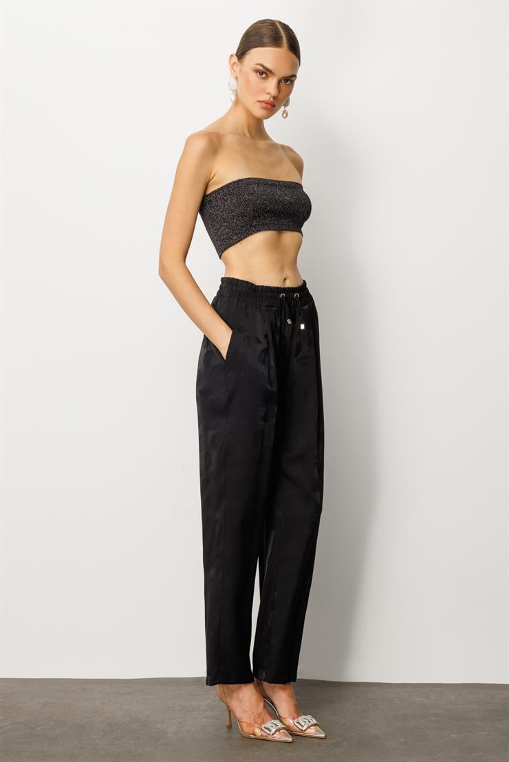 Modailgi  Pile Detaylı Yandan Cepli Beli Lastik ve Bağlamalı Pantolon - 15012 Siyah