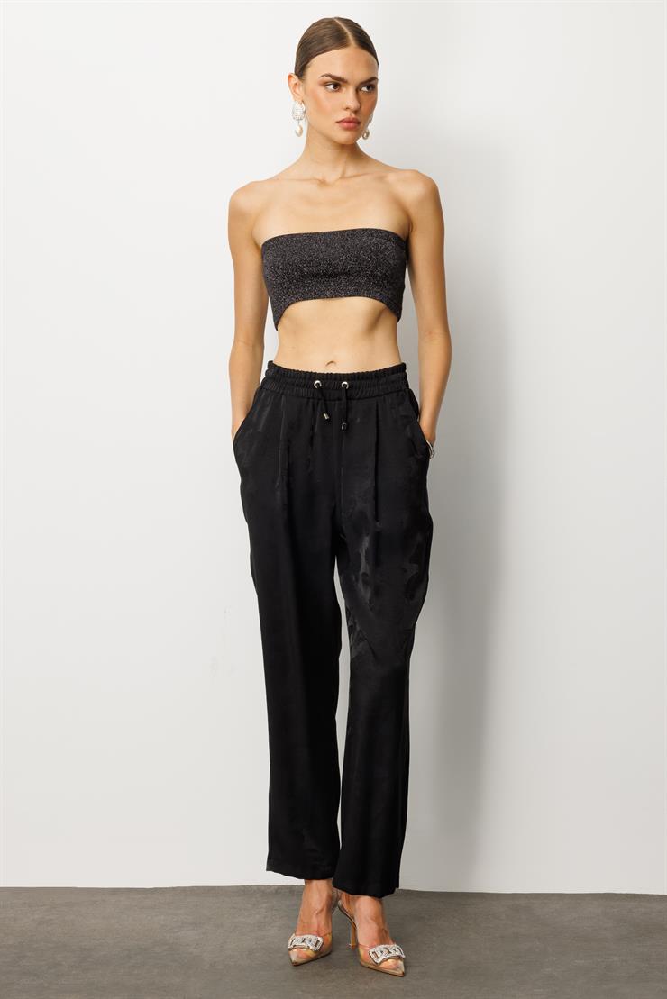 Modailgi  Pile Detaylı Yandan Cepli Beli Lastik ve Bağlamalı Pantolon - 15012 Siyah