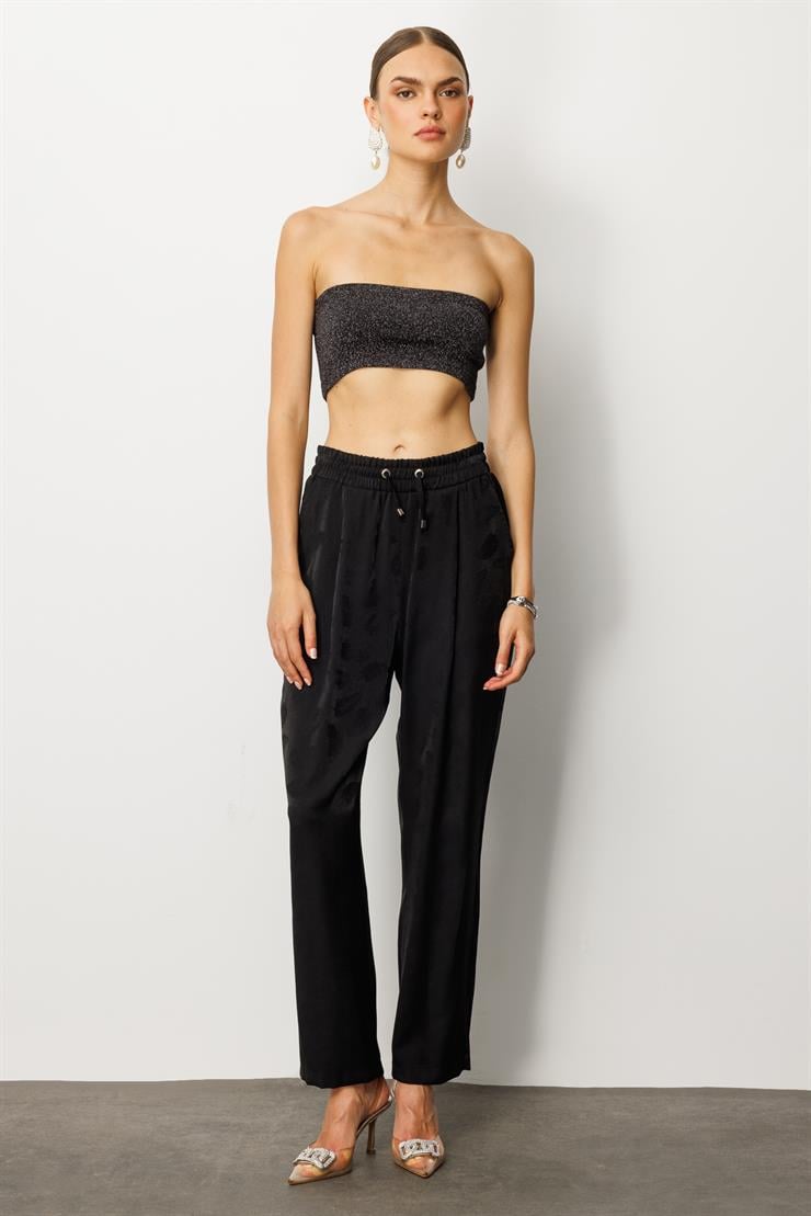 Modailgi  Pile Detaylı Yandan Cepli Beli Lastik ve Bağlamalı Pantolon - 15012 Siyah