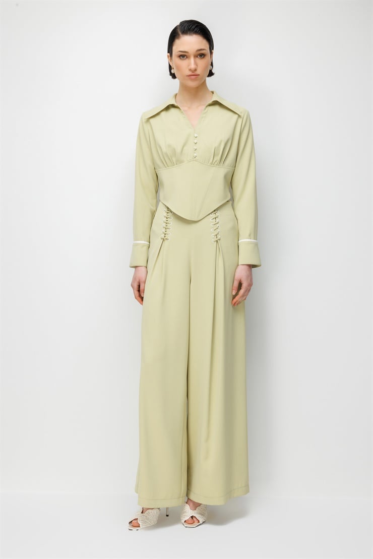 Modailgi  Pile Üzeri Şeritli Geniş Paça Pantolon - 10103 Mint