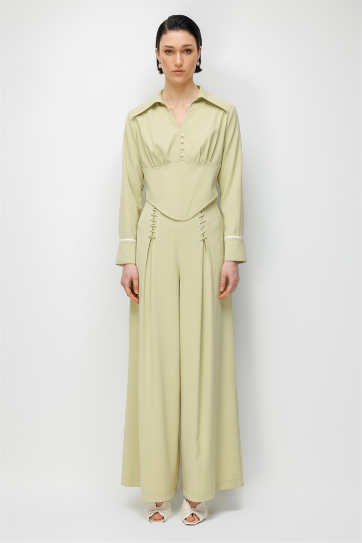 Modailgi  Pile Üzeri Şeritli Geniş Paça Pantolon - 10103 Mint