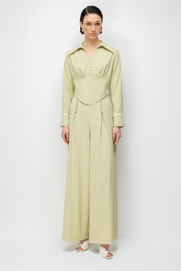 Modailgi  Pile Üzeri Şeritli Geniş Paça Pantolon - 10103 Mint