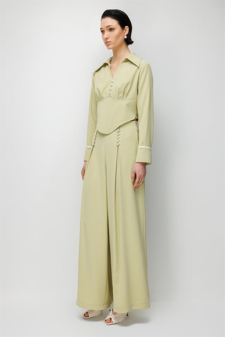 Modailgi  Pile Üzeri Şeritli Geniş Paça Pantolon - 10103 Mint