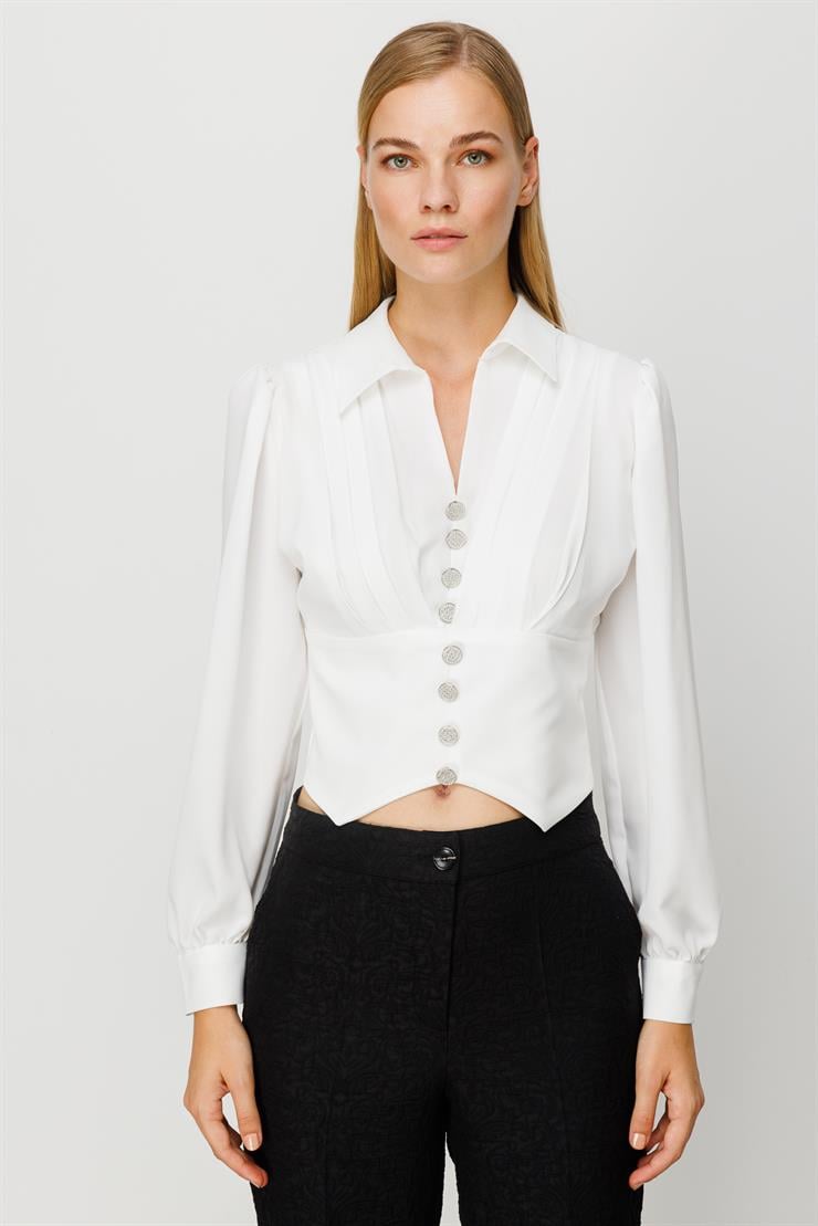 Modailgi  Pileli Crop Bluz Ekru
